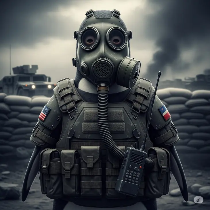 A penguin wearing a gas mask and tactical gear.